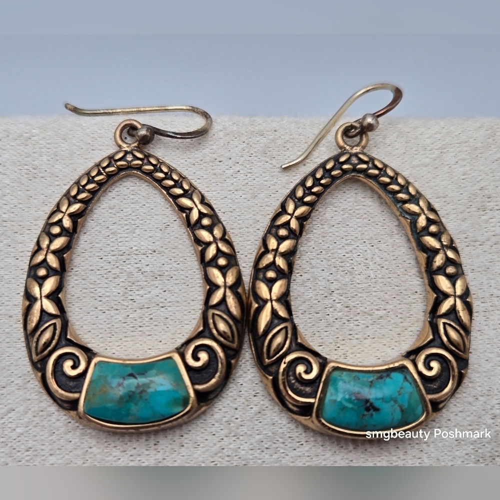 Teardrop Barse Turquoise Earrings Sterling Silver Gold Tone Floral Patterns 2”